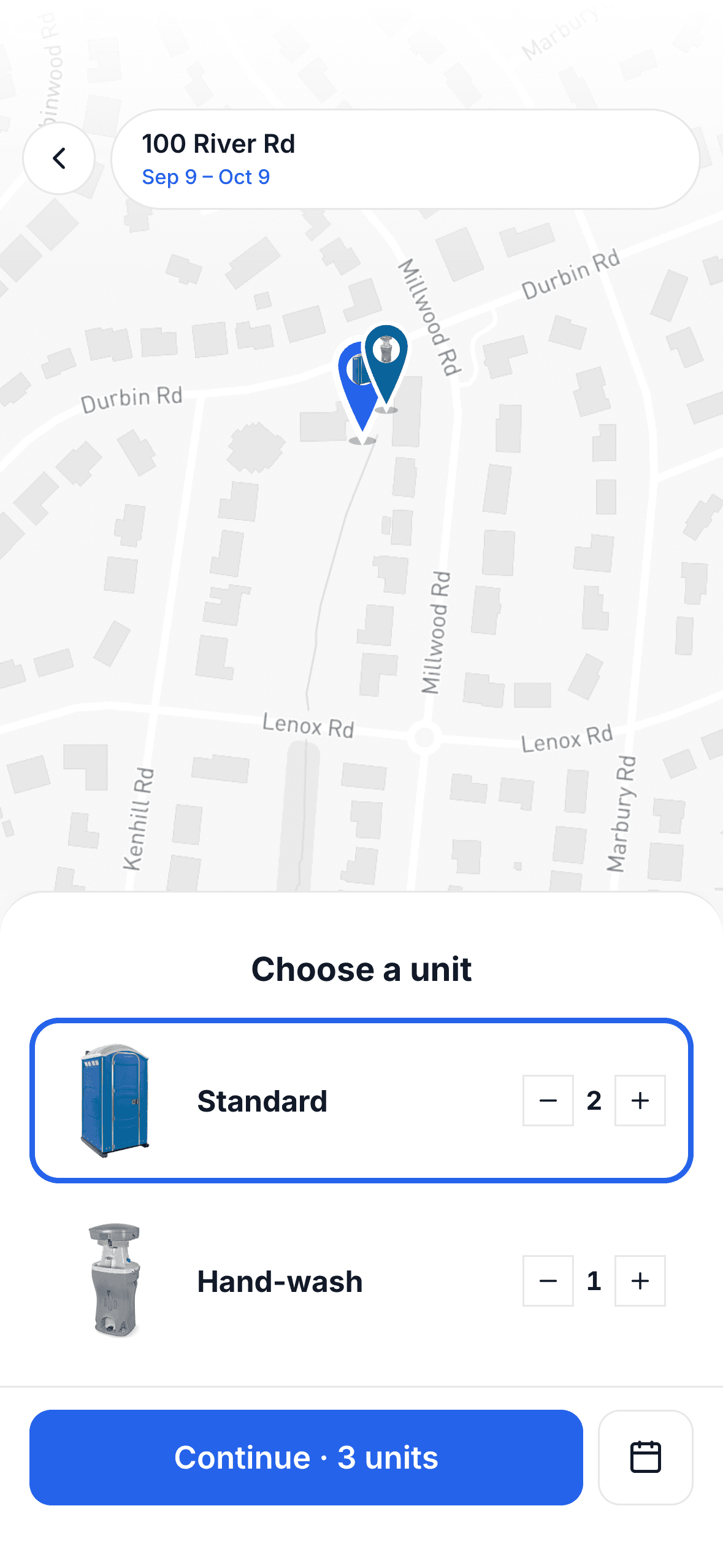 Choose a unit: map of the job, Standard and Hand-wash, then continue.